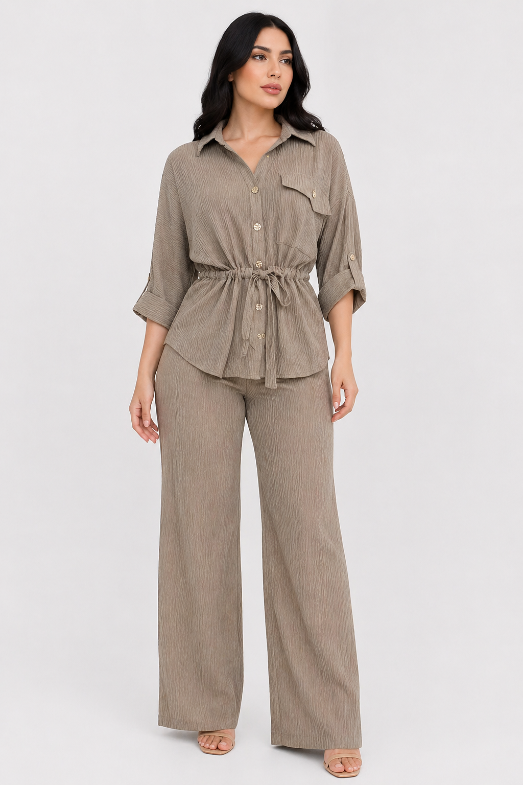 Da Donna Completo Due Pezzi Camicia Testurizzata Pantalone Gamba Larga