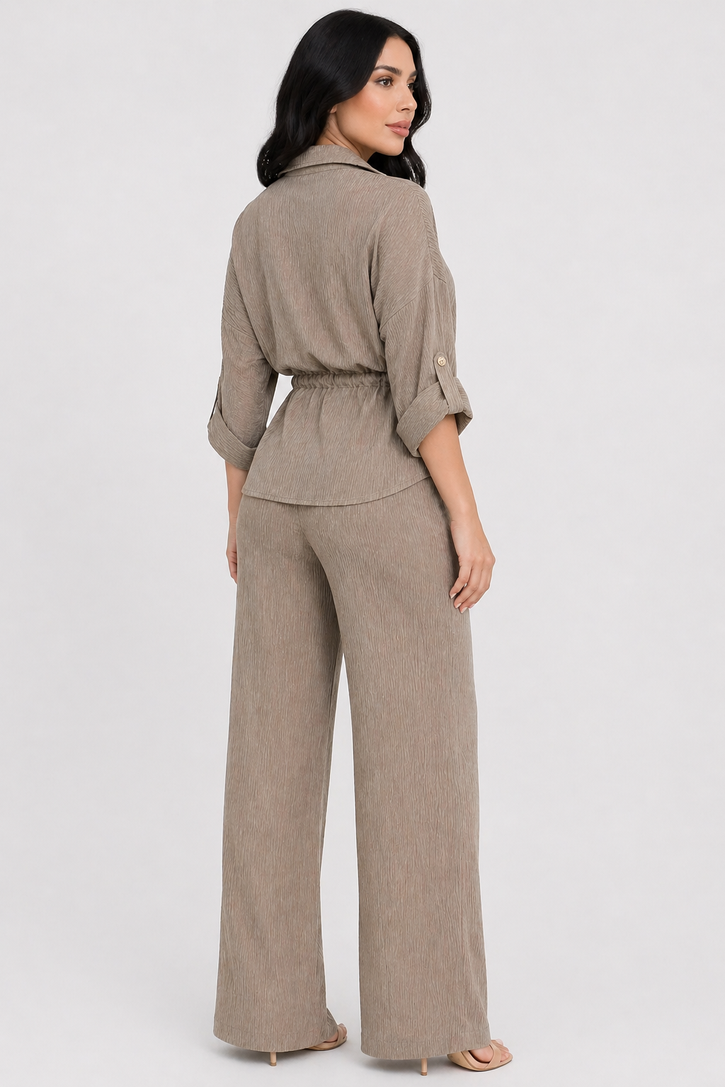 Da Donna Completo Due Pezzi Camicia Testurizzata Pantalone Gamba Larga