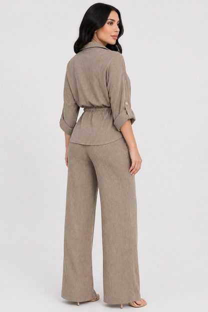 Da Donna Completo Due Pezzi Camicia Testurizzata Pantalone Gamba Larga