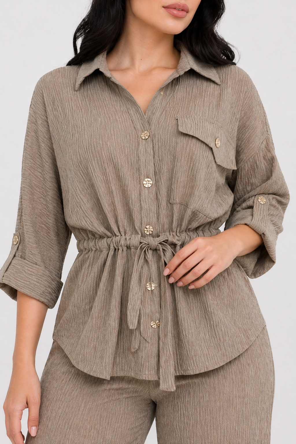 Da Donna Completo Due Pezzi Camicia Testurizzata Pantalone Gamba Larga