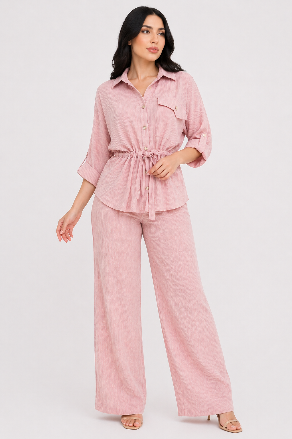 Da Donna Completo Due Pezzi Camicia Testurizzata Pantalone Gamba Larga