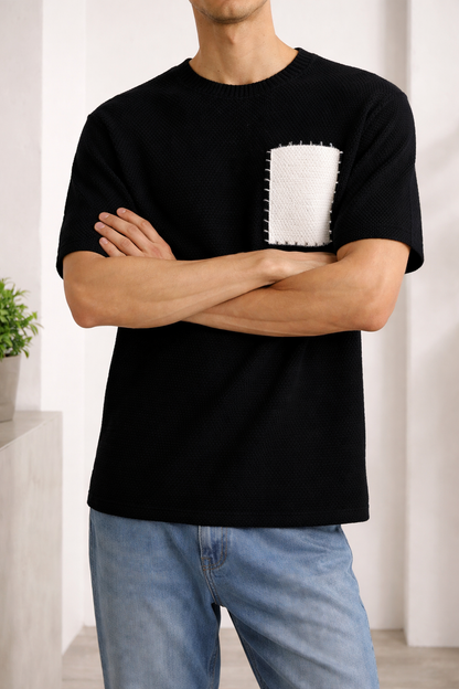 Da Uomo T-Shirt Testurizzata con Tasca a Contrasto e Maniche Corte