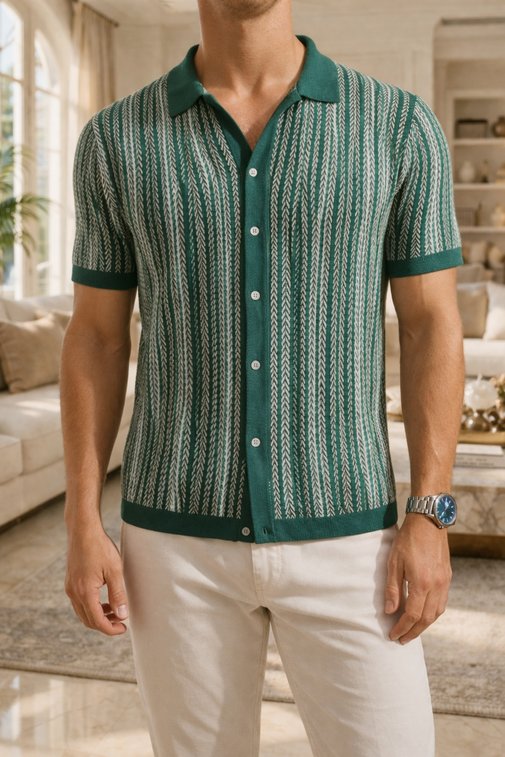 Da Uomo Polo in Maglia Fantasia con Bottoni e Maniche Corte Elegante