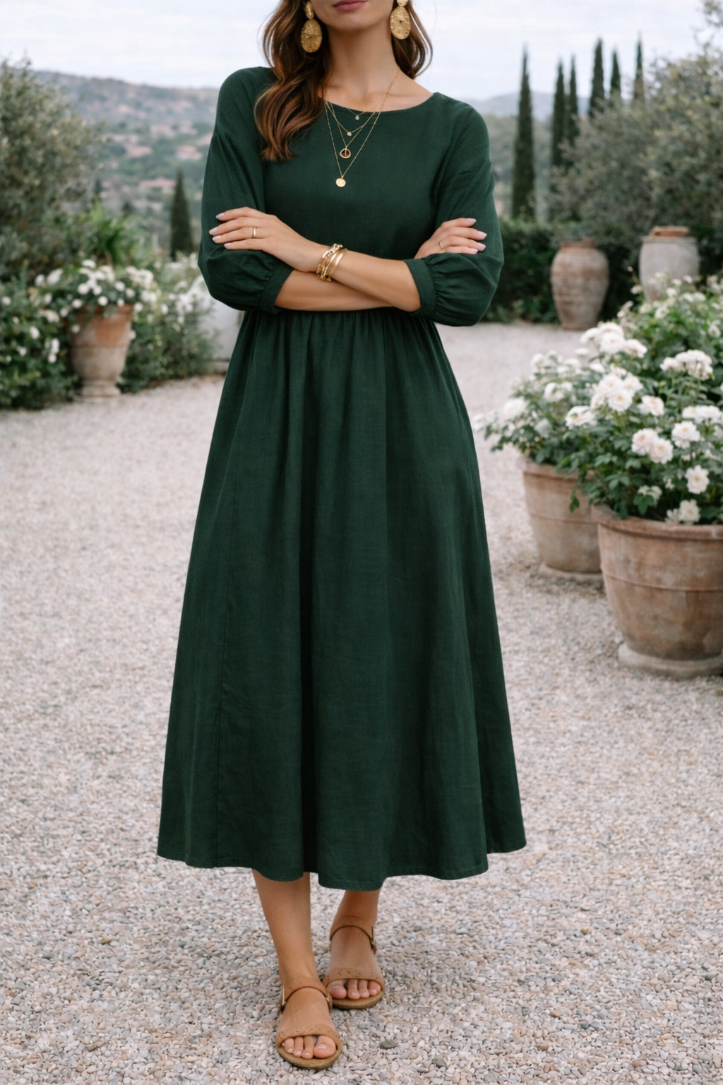 Da Donna Abito Maxi Stile Smock con Tasche e Maniche 3/4
