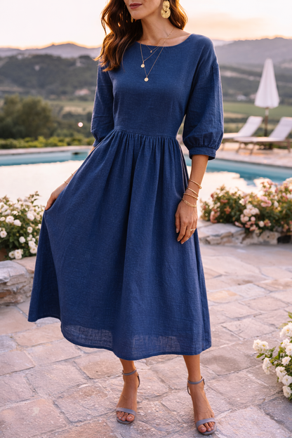 Da Donna Abito Maxi Stile Smock con Tasche e Maniche 3/4