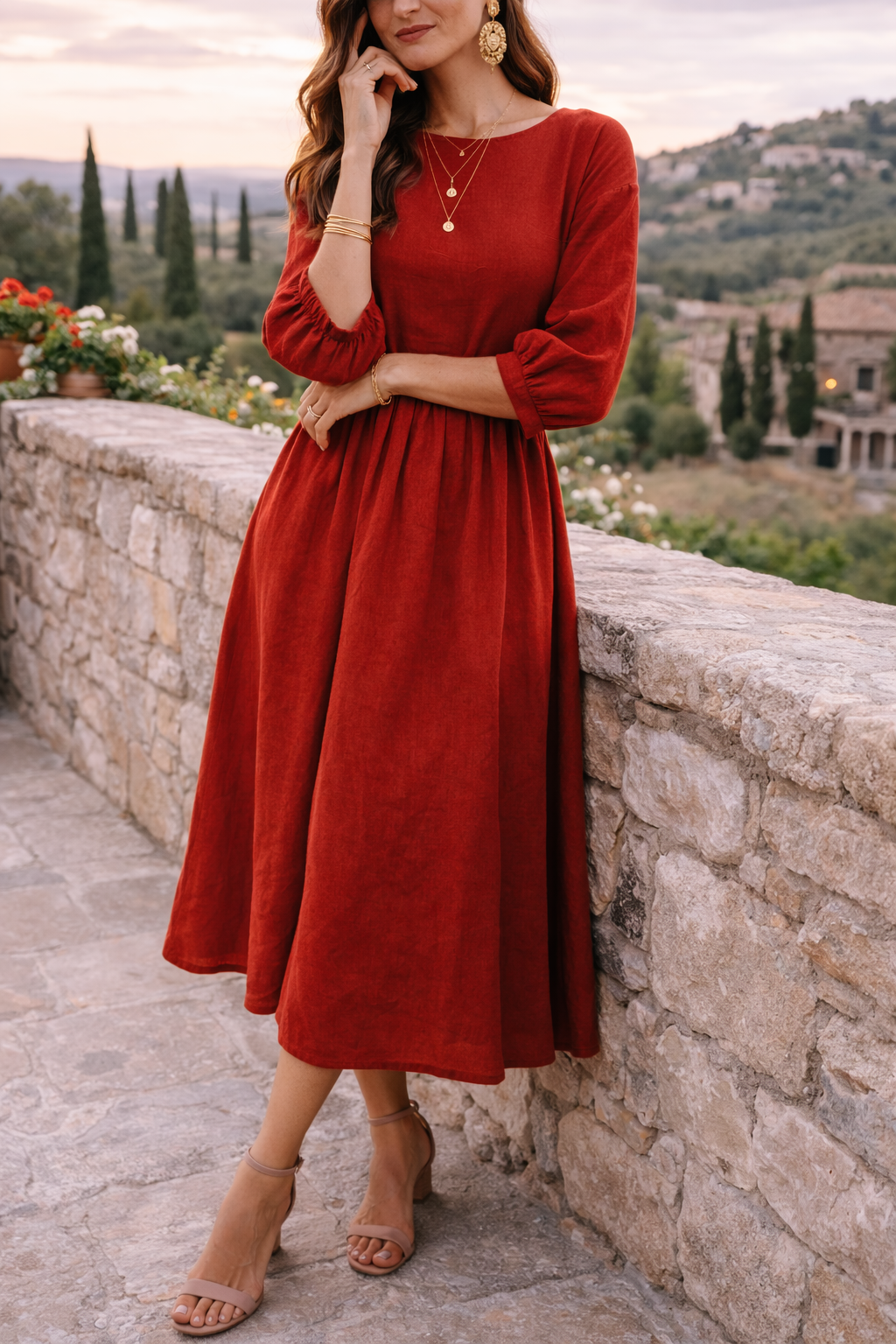Da Donna Abito Maxi Stile Smock con Tasche e Maniche 3/4