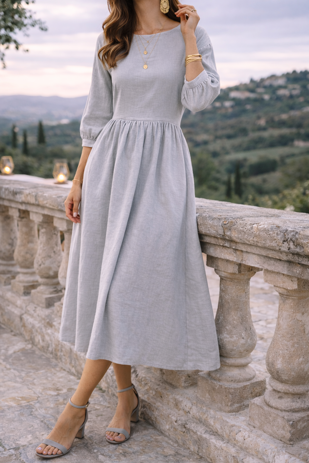 Da Donna Abito Maxi Stile Smock con Tasche e Maniche 3/4