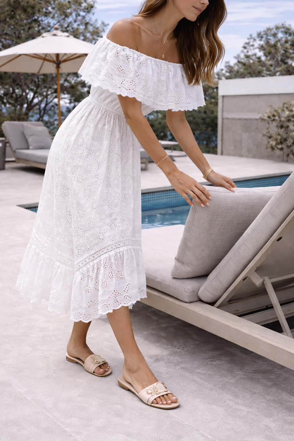 Da Donna Abito Maxi Spalle Scoperte con Ricamo Inglese