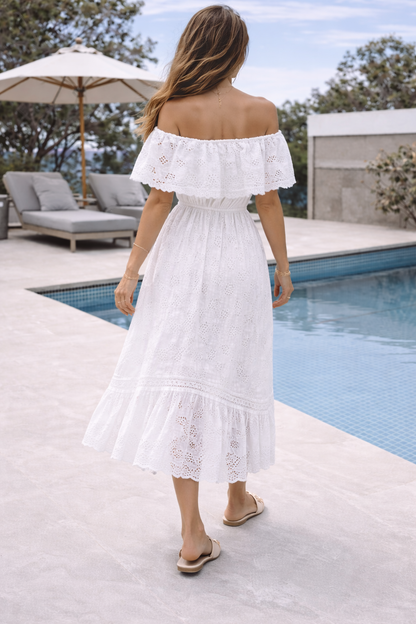 Da Donna Abito Maxi Spalle Scoperte con Ricamo Inglese