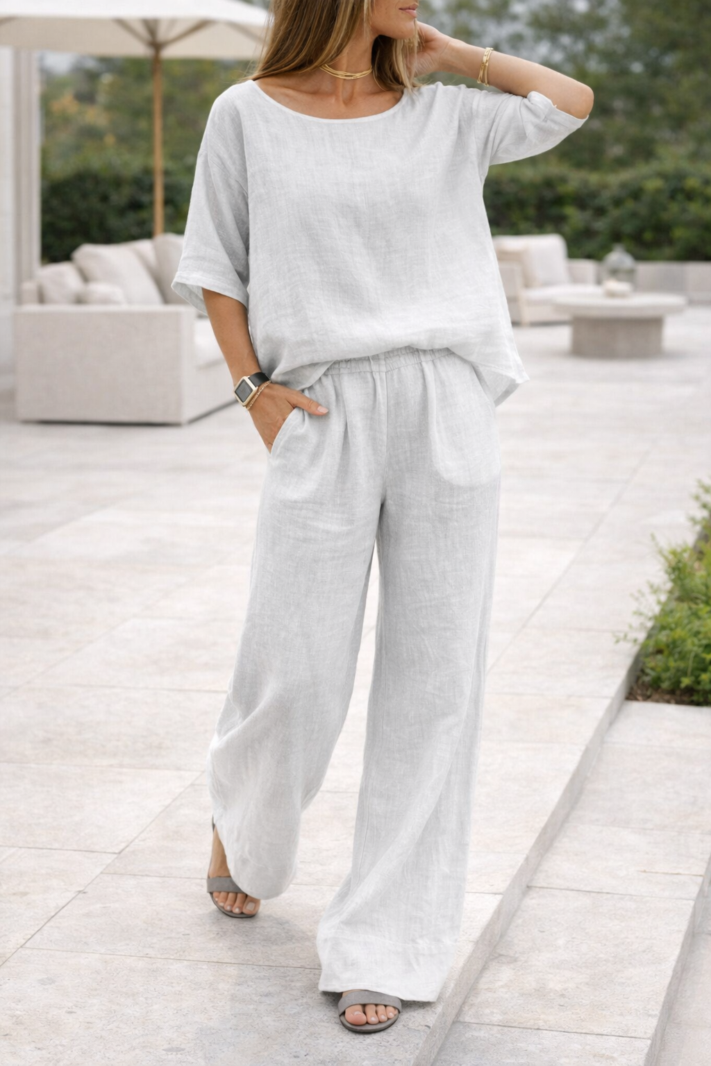 Da Donna Completo in Lino con Pantaloni Ampi
