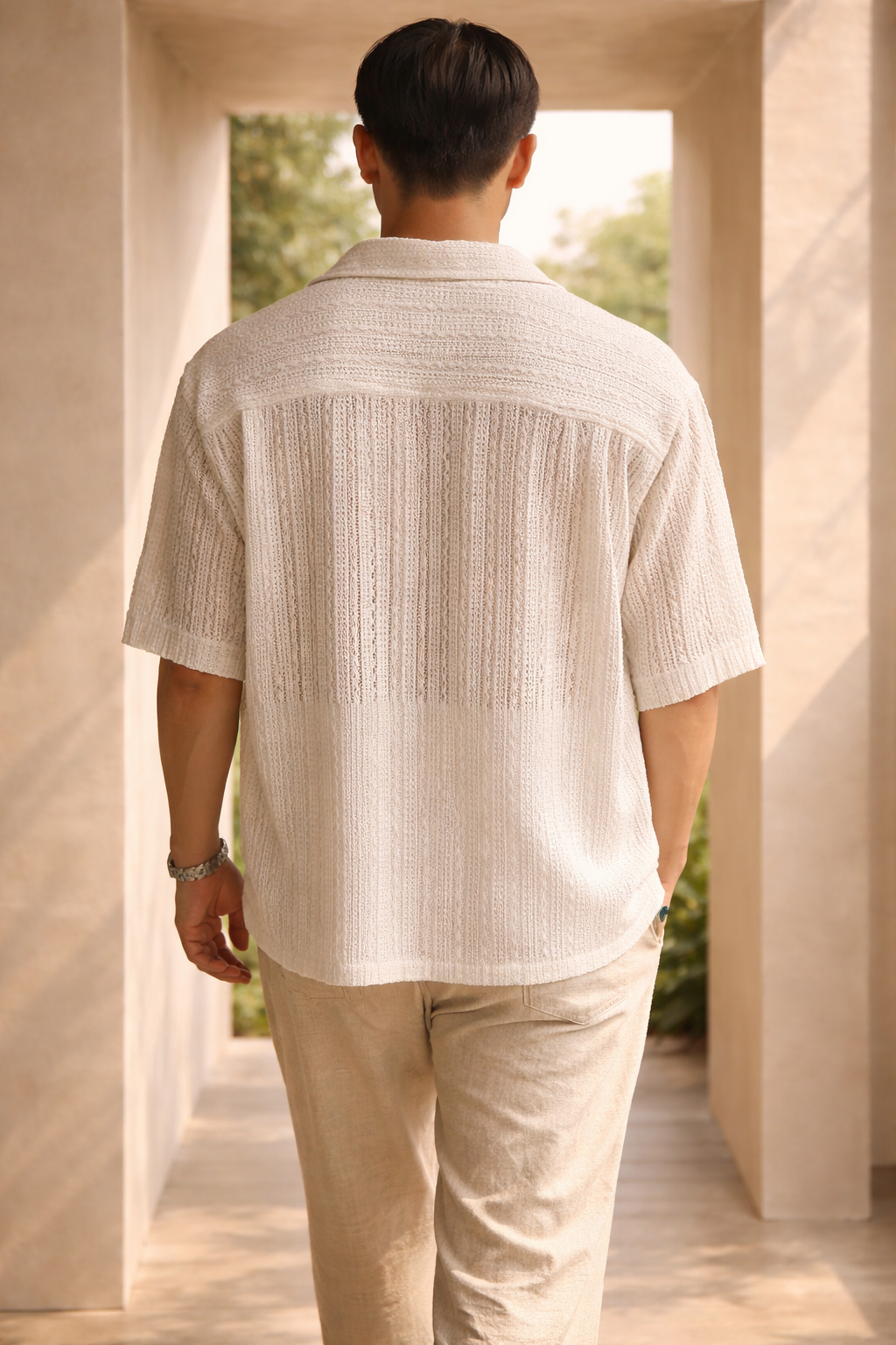 Da Uomo Camicia in Maglia Traforata con Bottoni e Maniche Corte