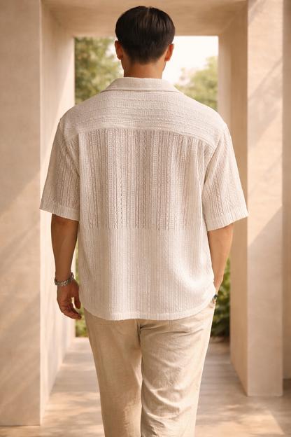 Da Uomo Camicia in Maglia Traforata con Bottoni e Maniche Corte