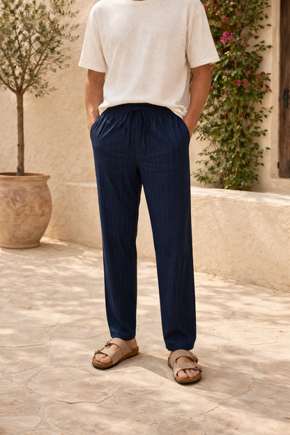 Da Uomo Pantaloni in Lino a Righe Verticali con Coulisse Casual Estivi