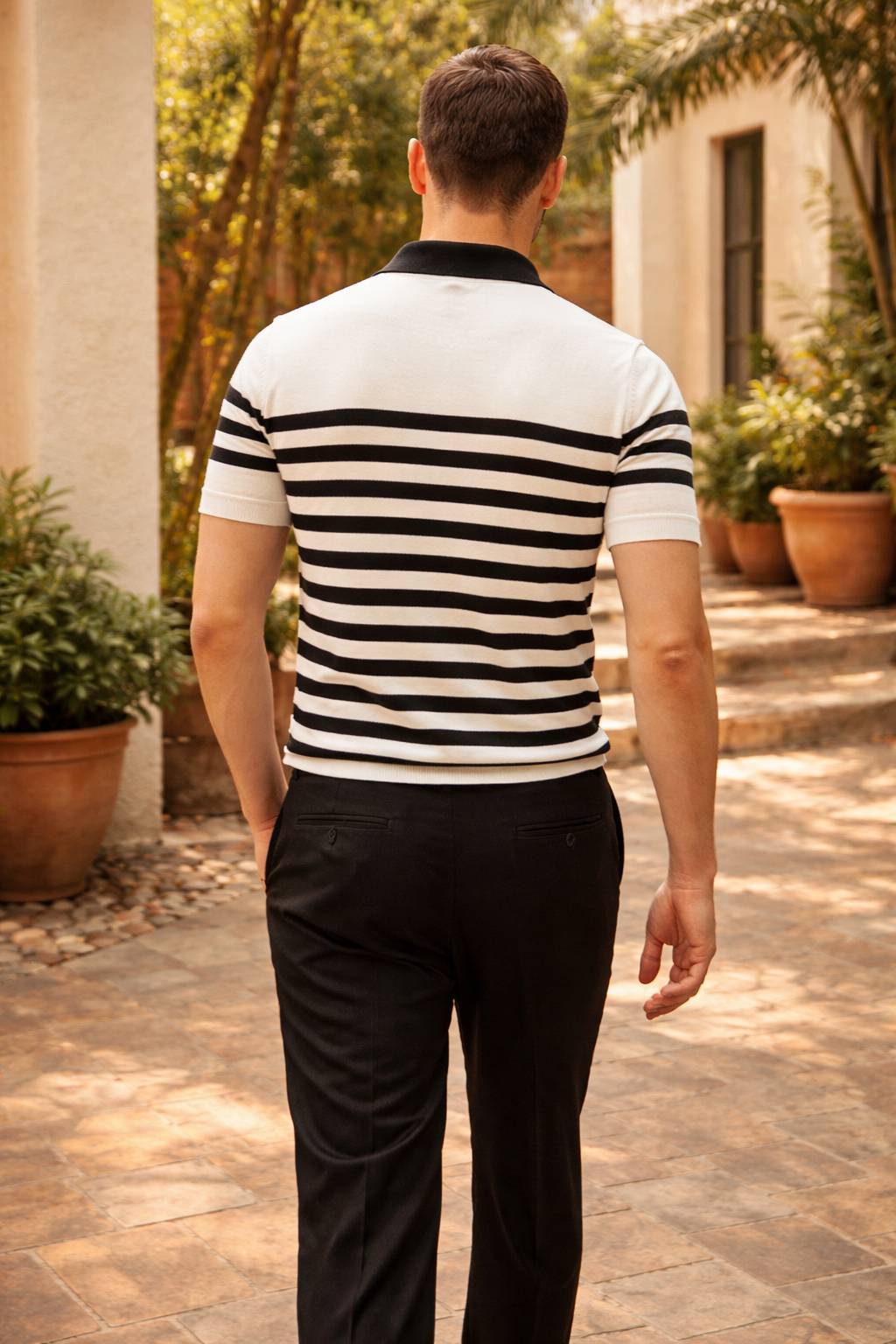 Da Uomo Polo in Maglia a Righe con Colletto Aperto Casual Elegante