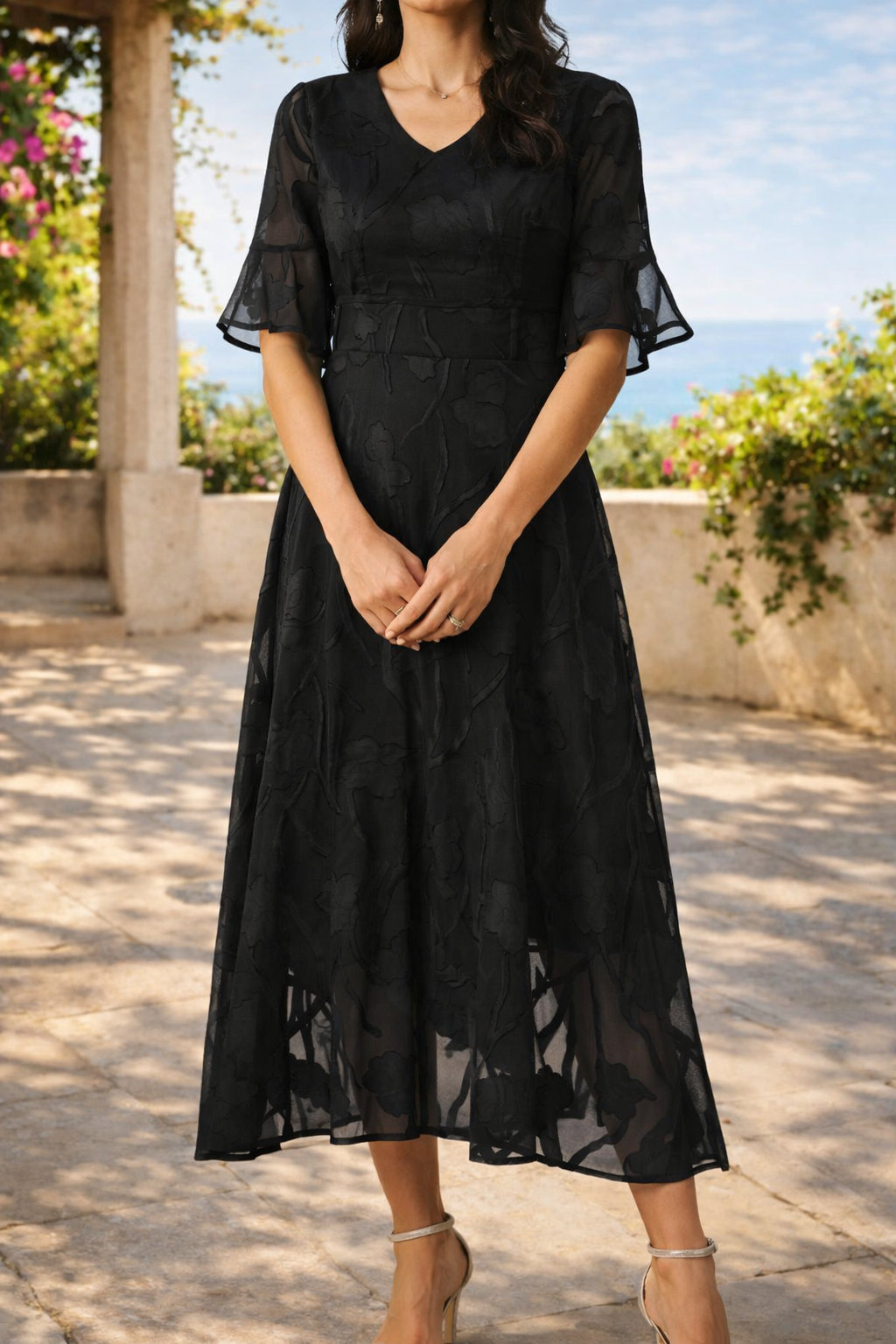 Women's Sheer Midi Dress with Soft Sleeves