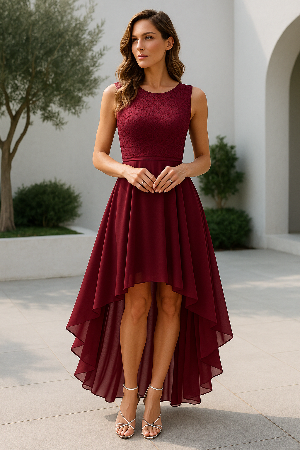 Da Donna Abito High-Low Elegante Fluido Senza Maniche