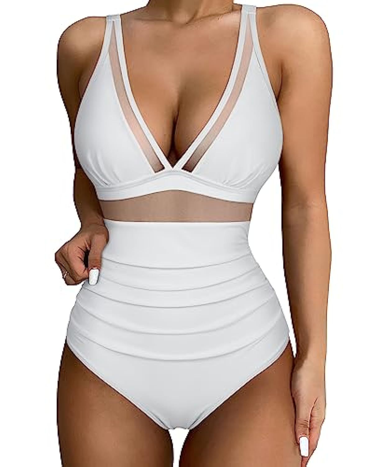 Da Donna Costume da Bagno Scollo a V Profondo Pannello in Mesh Arricciato Vita Alta