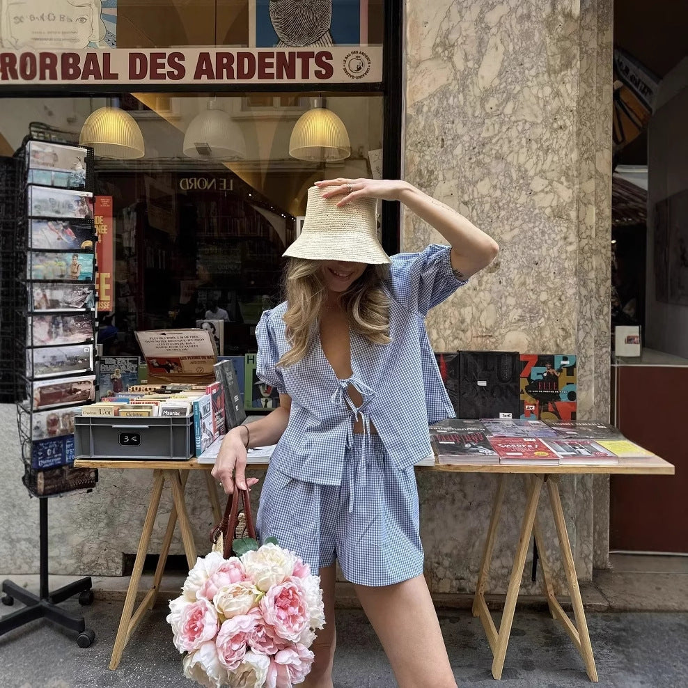 Da Donna Set Coordinato Stampato con Nodo Frontale e Shorts