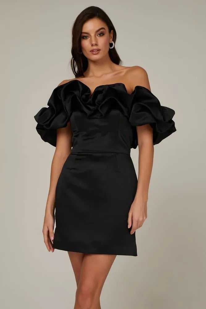 Da Donna Abito Mini con Spalle Scoperte Corpino con Volant d'Effetto
