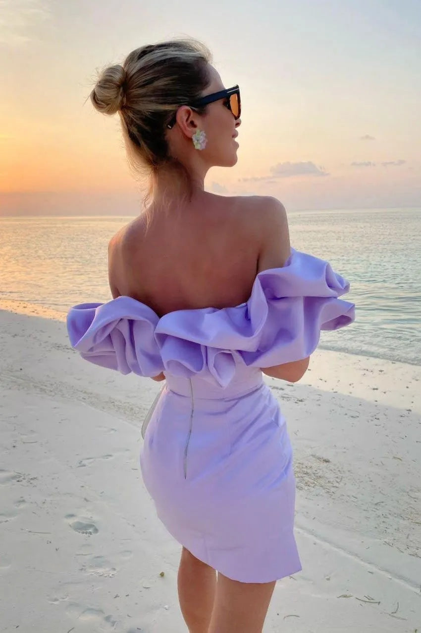 Da Donna Abito Mini con Spalle Scoperte Corpino con Volant d'Effetto