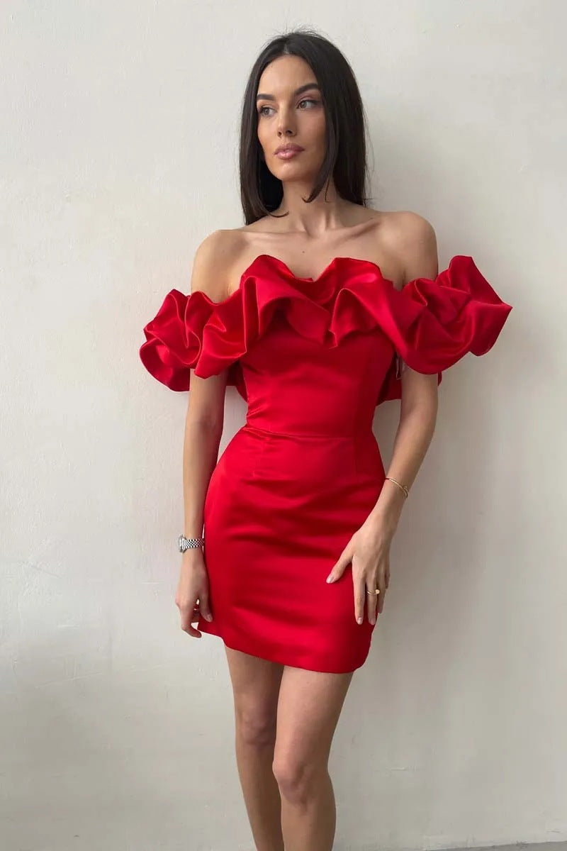 Da Donna Abito Mini con Spalle Scoperte Corpino con Volant d'Effetto