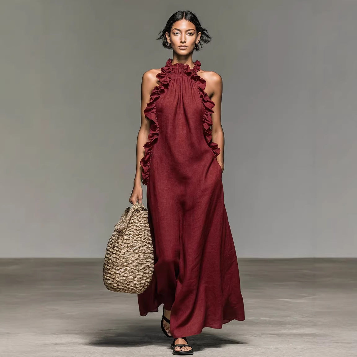 Da Donna Abito Maxi All'Americana Bordo con Volant Senza Maniche Vestibilità Comoda