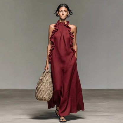 Da Donna Abito Maxi All'Americana Bordo con Volant Senza Maniche Vestibilità Comoda
