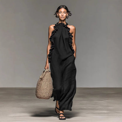 Da Donna Abito Maxi All'Americana Bordo con Volant Senza Maniche Vestibilità Comoda