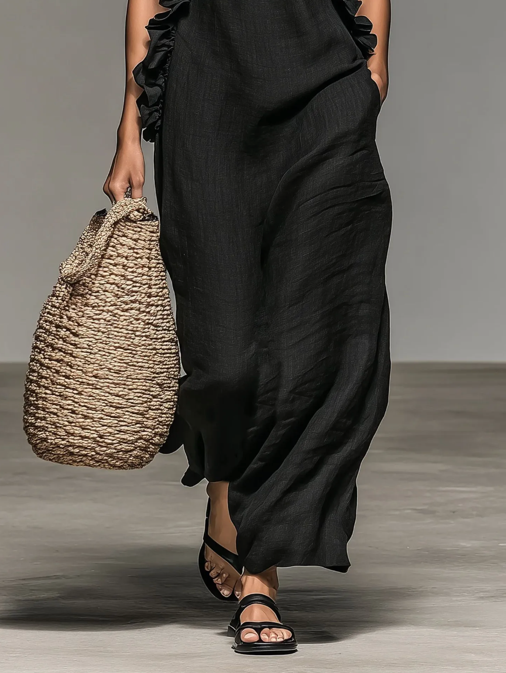 Da Donna Abito Maxi All'Americana Bordo con Volant Senza Maniche Vestibilità Comoda