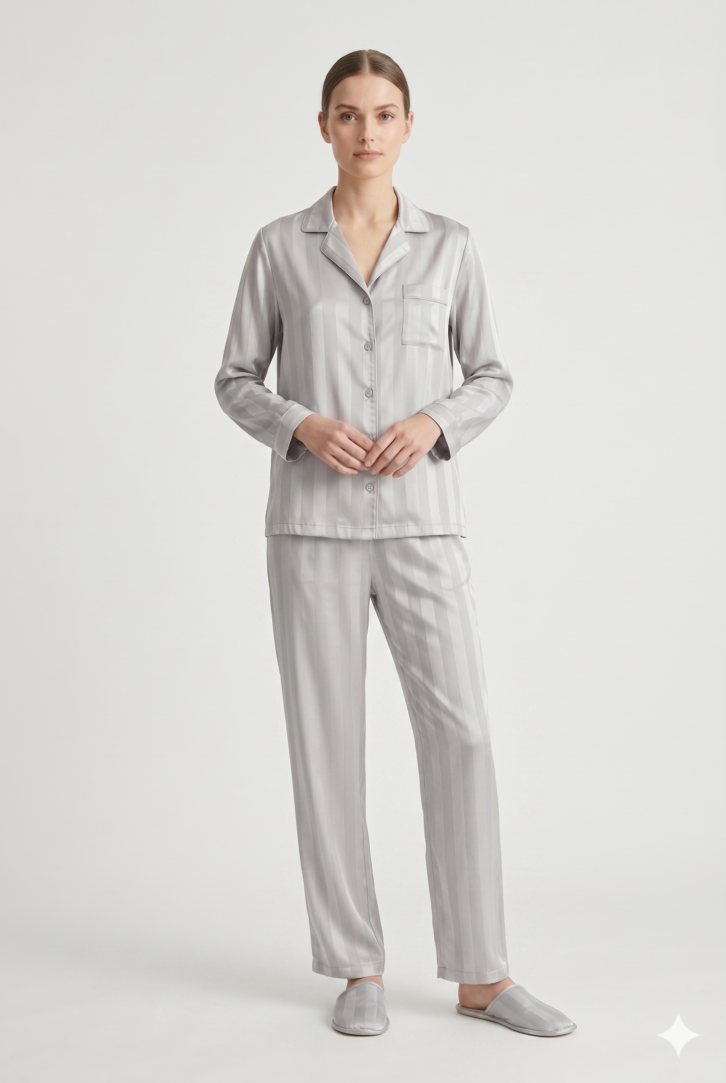 Da Donna Set Lounge Satinato Camicia Bottoni Pantaloni Fluidi