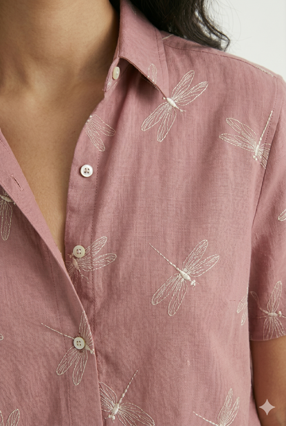 Da Donna Camicia Leggera Manica Corta Stampa Libellule Casual