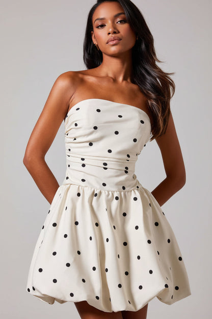 Women's Printed Strapless Mini Dress with Ruched Balloon Hem