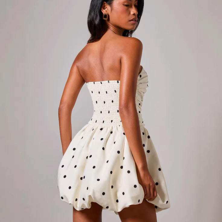Women's Printed Strapless Mini Dress with Ruched Balloon Hem