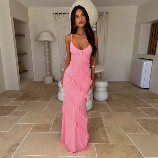 Da Donna Abito Maxi con Volant Vestibilità con Spalline e Scollo a V