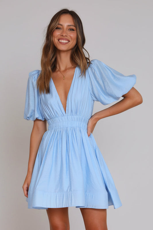 Da Donna Abito Mini con Maniche a Sbuffo Scollatura Profonda Vita Arricciata