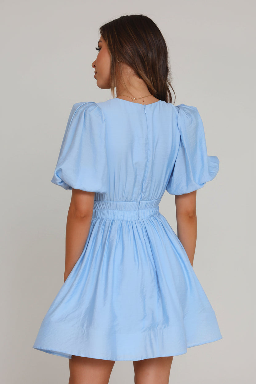 Da Donna Abito Mini con Maniche a Sbuffo Scollatura Profonda Vita Arricciata