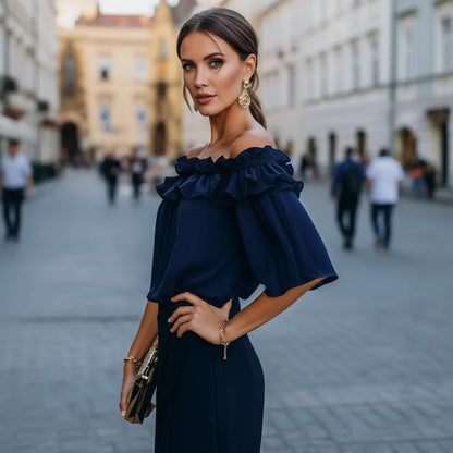 Da Donna Blusa con Spalle Scoperte e Volant Top a Maniche Corte Vestibilità Comoda