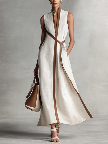 Da Donna Abito Maxi Incrociato Smanicato con Tasche e Linee Eleganti