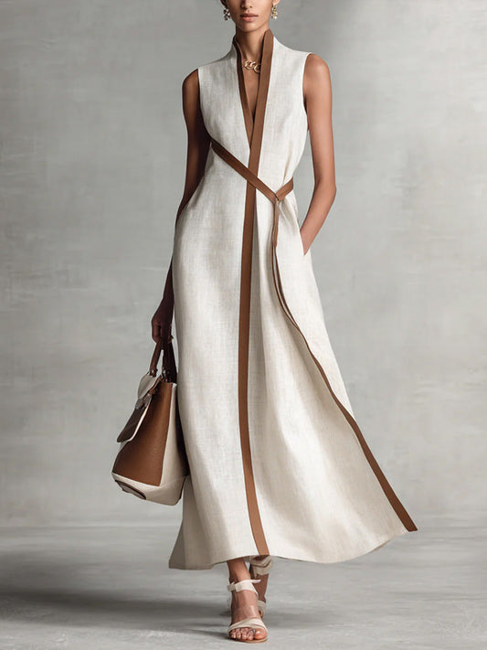 Da Donna Abito Maxi Incrociato Smanicato con Tasche e Linee Eleganti