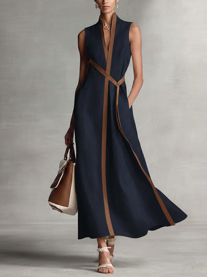 Da Donna Abito Maxi Incrociato Smanicato con Tasche e Linee Eleganti