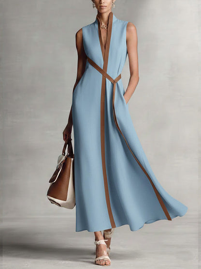 Da Donna Abito Maxi Incrociato Smanicato con Tasche e Linee Eleganti