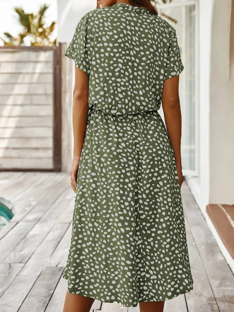 Women's Modern Casual Printed Midi Dress with Adjustable Belt