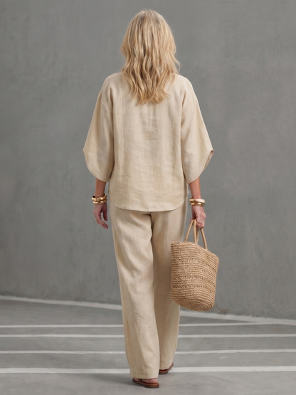 Da Donna Set Coordinato in Lino con Maniche Kimono e Gamba Dritta