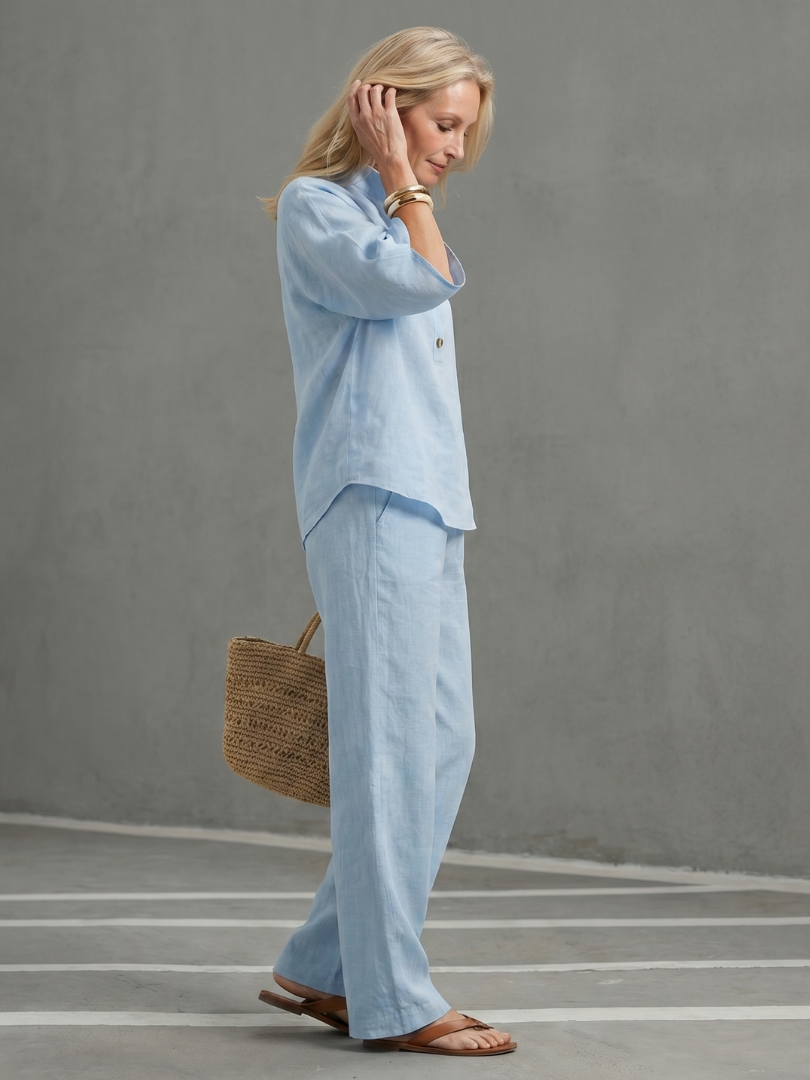 Da Donna Set Coordinato in Lino con Maniche Kimono e Gamba Dritta