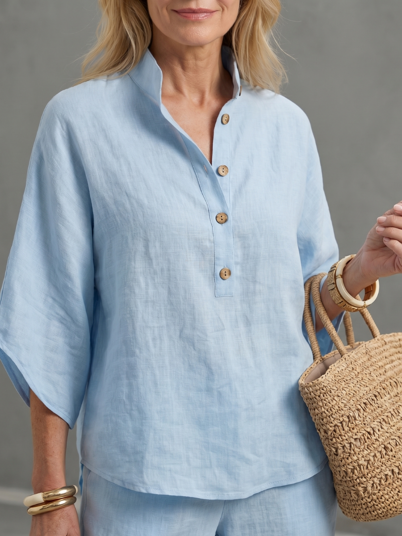 Da Donna Set Coordinato in Lino con Maniche Kimono e Gamba Dritta