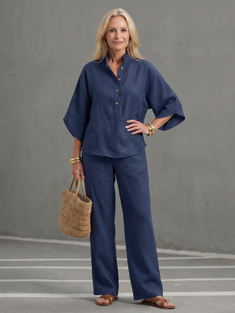 Da Donna Set Coordinato in Lino con Maniche Kimono e Gamba Dritta