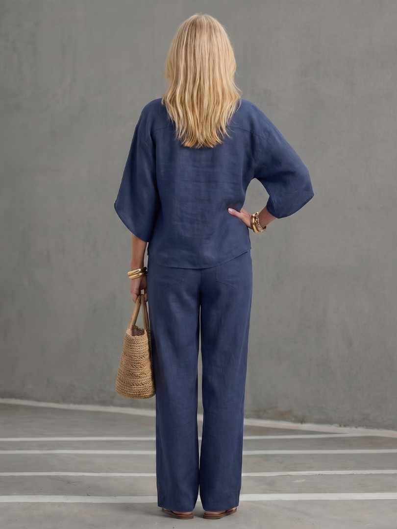 Da Donna Set Coordinato in Lino con Maniche Kimono e Gamba Dritta
