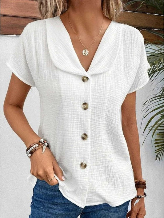 Da Donna Blusa con Colletto e Bottoni con Maniche Corte Testurizzate