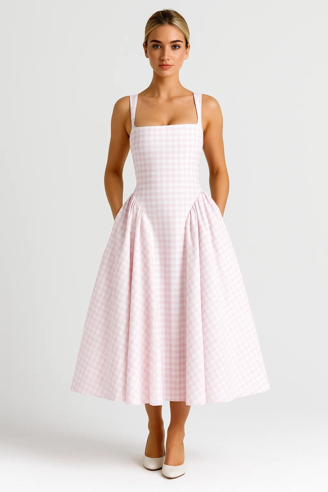 Da Donna Abito Midi Stampato con Scollo Quadrato e Gonna Ampia