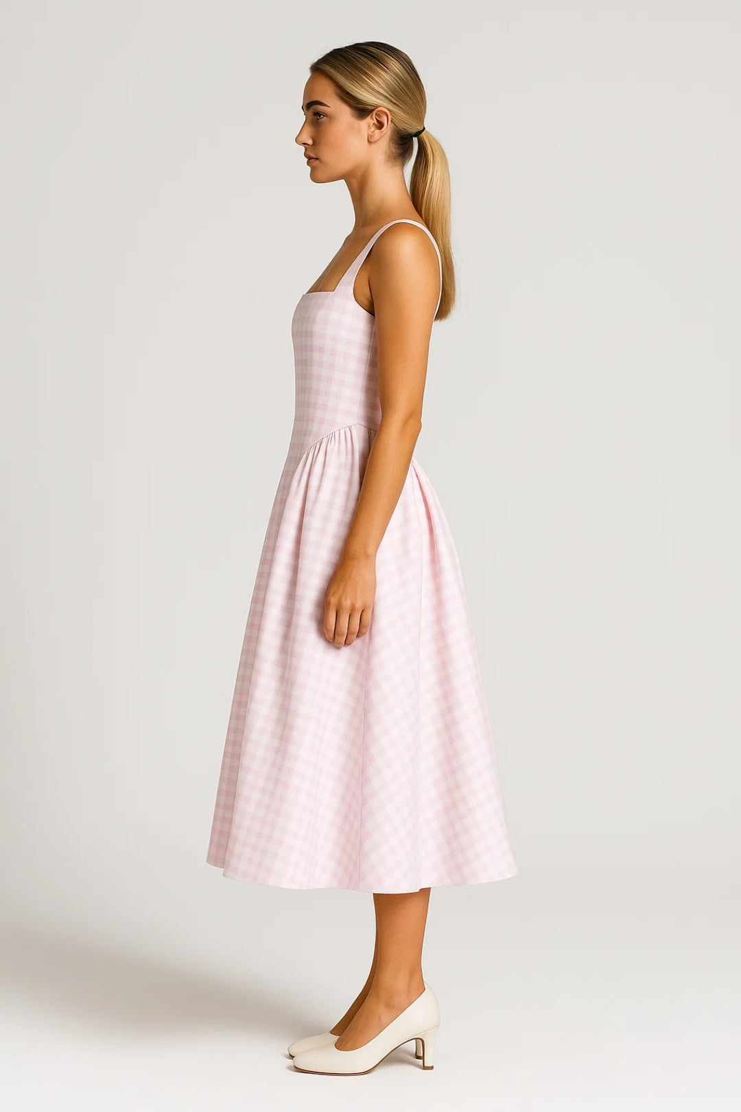 Da Donna Abito Midi Stampato con Scollo Quadrato e Gonna Ampia